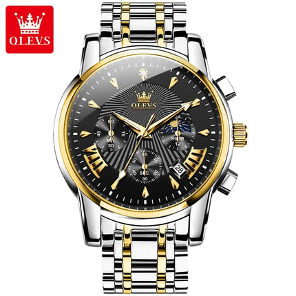 OLEVS Orologi al quarzo da uomo Orologi di marca in acciaio inossidabile Orologio sportivo impermeabile per uomo Cronografo con fasi lunari platinumshop