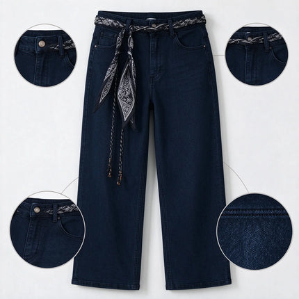 Women's Dark Blue Wide Leg Jeans, High Waist with Decorative Scarf Band, Comfortable Denim Urban Casual Style, All-Season Pants，Fx1338-7