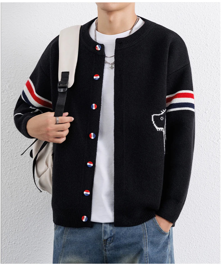 Designer Brand Long Sleeve Knitted Cardigan Men's New Trend Color Blocked Button Design Couple's Casual Warm Round Neck Coat