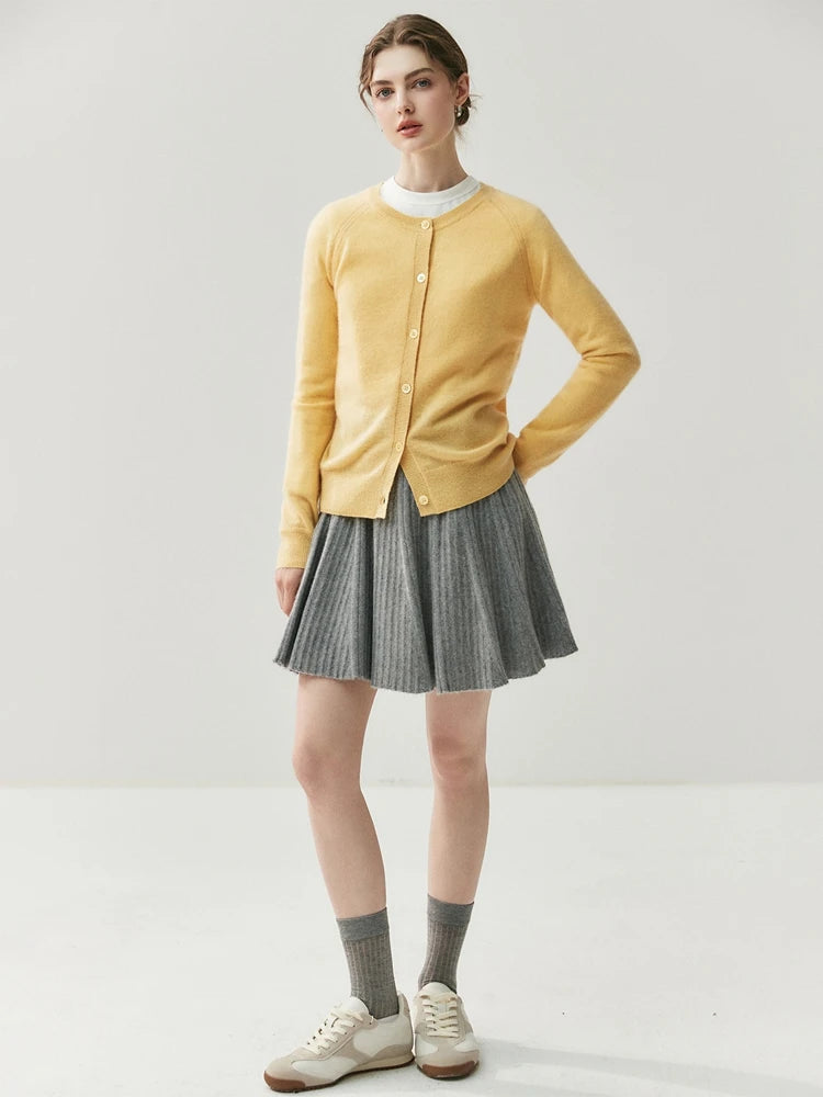 CHICUU Women's A-line Pleated Skirt 100% Cashmere Knit Mini Skirt Autumn Winter Preppy Style Above Knee Skirt Cashmere Knitwear PlatiNum