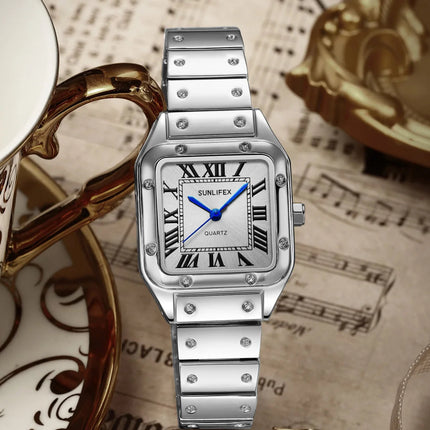 Orologi da donna quadrati Orologio da donna al quarzo Orologio da polso femminile Cinturino in bambù in acciaio inossidabile Orologio da donna casual Orologio Relogio Feminino platinumshop