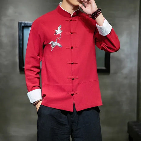 Camicie con ricamo gru Abbigliamento tradizionale cinese vintage Mezza manica da uomo in lino Solido colletto Madarin Cardigan Hanfu Kungfu