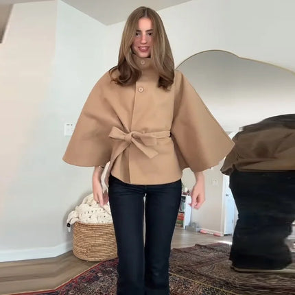 Faux Fur Cloak Jackets Women Loose Standneck Three Button Wide Sleeves Belt Coats Female 2026 Autumn Solid Chic Fashion Outwears