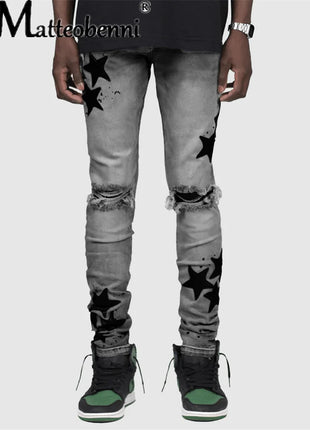 Vintage Star Print Stretch Punk Style Ripped Jeans Men's Streetwear Fashion Pocket Male Youth Daily Casual Denim Pencil Pants PlatiNum