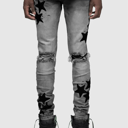 Vintage Star Print Stretch Punk Style Ripped Jeans Men's Streetwear Fashion Pocket Male Youth Daily Casual Denim Pencil Pants PlatiNum