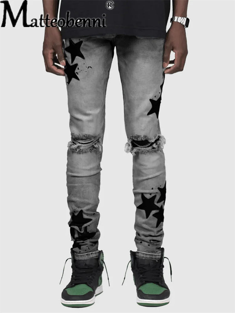 Vintage Star Print Stretch Punk Style Ripped Jeans Men's Streetwear Fashion Pocket Male Youth Daily Casual Denim Pencil Pants PlatiNum