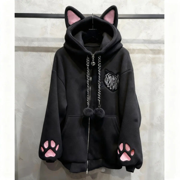 Thicked Women Jackets Cute Cat Ear Hooded Long Sleeve Punk Outerwear Fashion Casual Warm Coats 2025 Ropa Mujer Japanese Y2k Tops