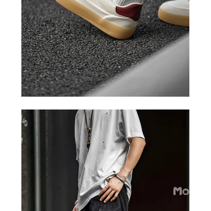 Men's Linen Canvas Platform Sneakers, Breathable Low‑Top Casual Skate Shoes, Retro Contrast Tan Trim Design, Soft Cushioned Thic