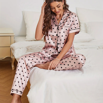 Pigiama in raso con stampa a cuore Set casual a maniche corte con bottoni Top con risvolto e pantaloni elastici Indumenti da notte da donna