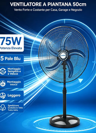 Grande Sconto Ventilatore a piantana leggero, montaggio semplice e veloce, vento molto potente, modello 50cm 75W con 5 pale blu, altezza regolabile e oscillazione automatica, spedizione gratuita in tutta Italia