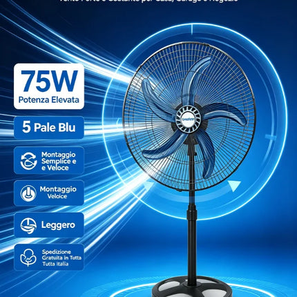 Grande Sconto Ventilatore a piantana leggero, montaggio semplice e veloce, vento molto potente, modello 50cm 75W con 5 pale blu, altezza regolabile e oscillazione automatica, spedizione gratuita in tutta Italia