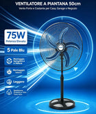 Grande Sconto Ventilatore a piantana leggero, montaggio semplice e veloce, vento molto potente, modello 50cm 75W con 5 pale blu, altezza regolabile e oscillazione automatica, spedizione gratuita in tutta Italia