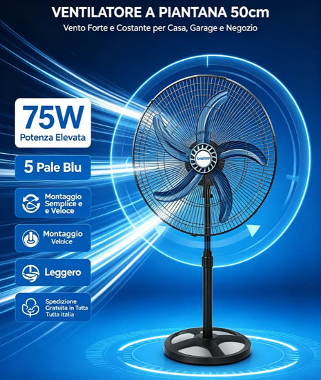 Grande Sconto Ventilatore a piantana leggero, montaggio semplice e veloce, vento molto potente, modello 50cm 75W con 5 pale blu, altezza regolabile e oscillazione automatica, spedizione gratuita in tutta Italia