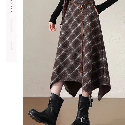 Women Faux Woolen Plaid Long Skirts Korean Vintage Belt Loose High Waist A Line Skirt Casual Fall Winter Irregular Retro Skirts PlatiNum