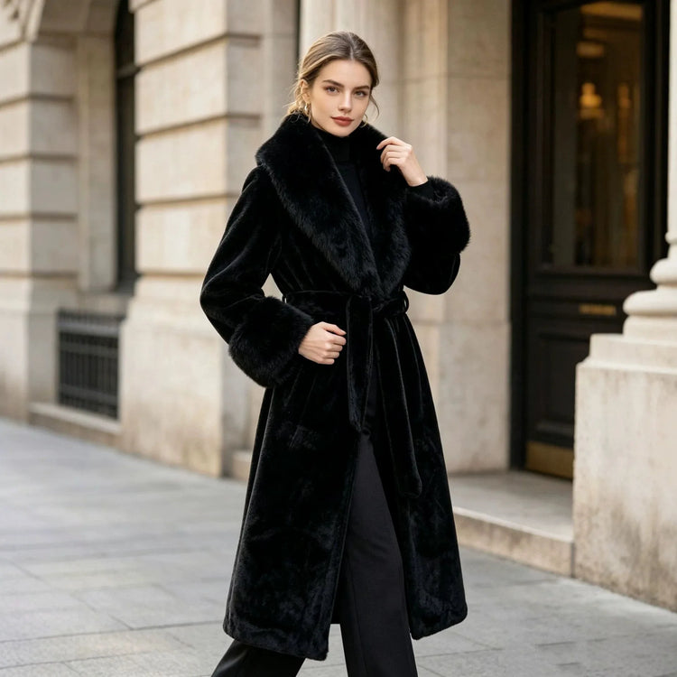 Women's Winter Trench Coat with Large Lapels, Faux Fox Fur Long Coat, Over-the-Knee Jacket