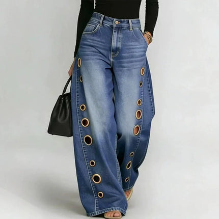 Jeans da Donna a Gamba Larga, Vita Media, con Dettagli Traforati, Effetto Vintage, Stile High Street, Eleganti, da Lavoro, Casual, Pantaloni Dritti