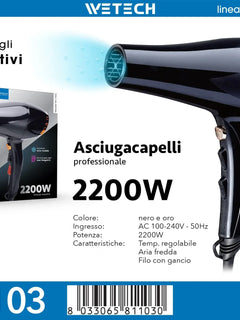 Dual‑Voltage Ionic Blow‑Drying Styling Gear WETECH W1104,2200W Hair Dryer with Concentrator Nozzle 100‑240V, adjustable hot‑cool wind modes for small beauty workstation grooming smoothing coarse hair to achieve glossy