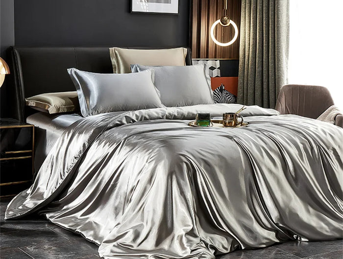 Set biancheria da letto in seta solida con copripiumino Lenzuolo Federe Lenzuolo singolo matrimoniale in raso di lusso King Queen Twin Size