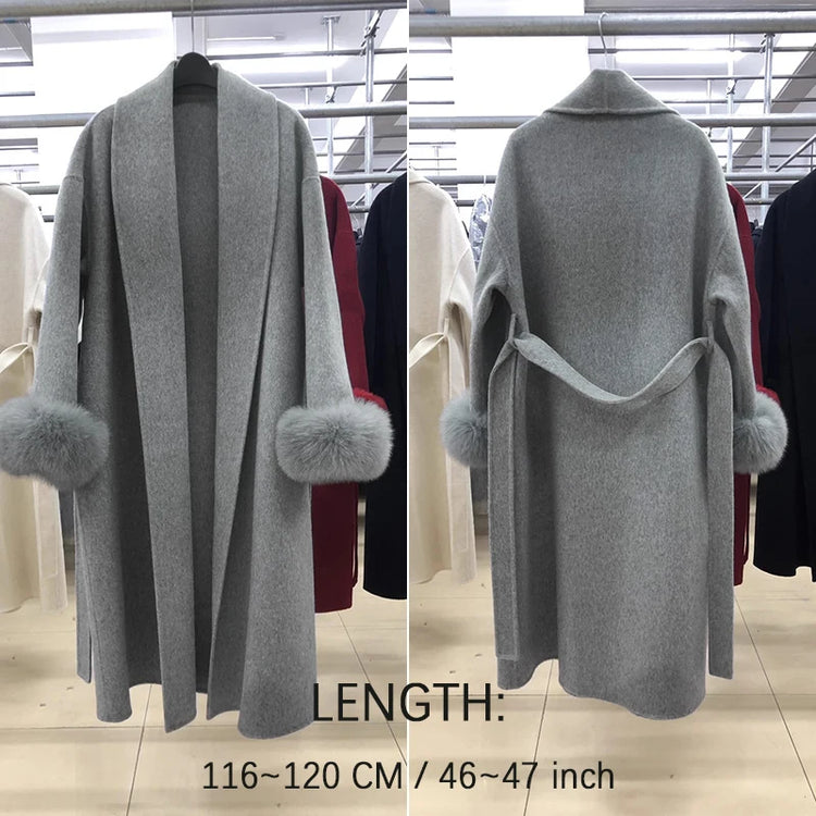 TARUXY Fox Fur Woolen Long Coats Women's Office Lady Removable Elegant Coat Double-sided Wool Overcoat 2025 New Cardigan Jacket