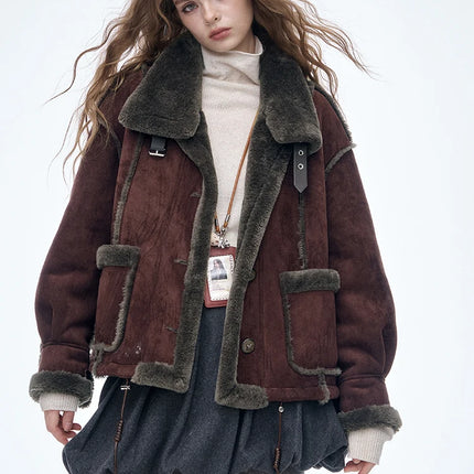 ELFSACK Women's Vintage Suede Plush Winter Coat 2025, Loose Turn-Down Collar Blend Jacket, Casual Versatile Outerwear