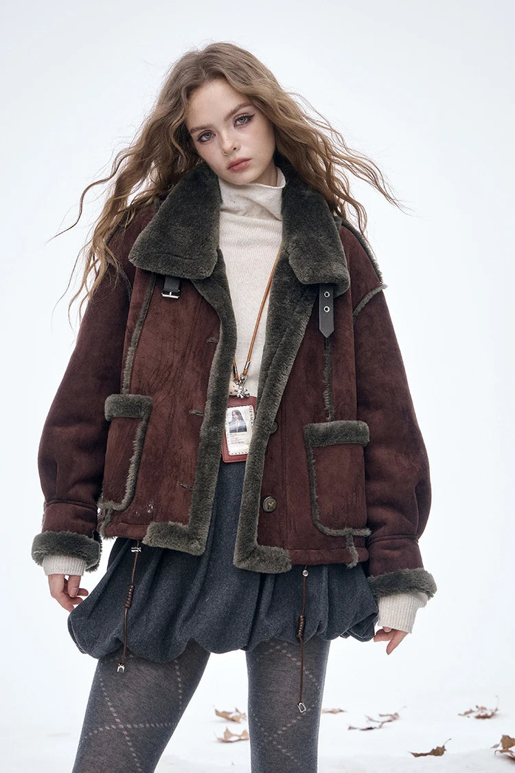 ELFSACK Women's Vintage Suede Plush Winter Coat 2025, Loose Turn-Down Collar Blend Jacket, Casual Versatile Outerwear