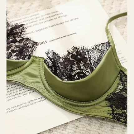 MOYISU No‑Wire French Lace Half‑Cup Bra Set Women Ultra‑Thin Transparent Green Lingerie, Daily Brassiere 32‑38 AB for Small Bust