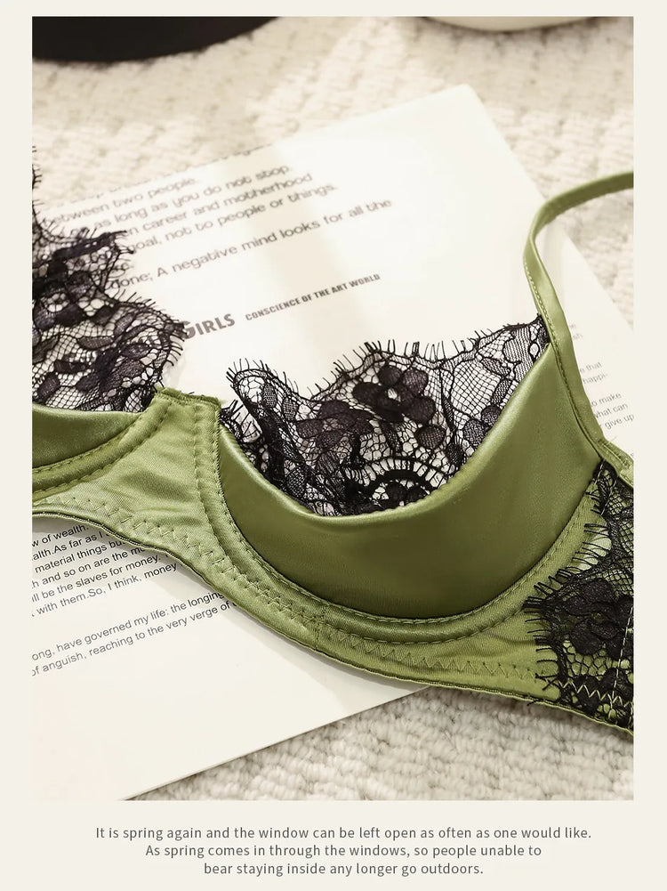 MOYISU No‑Wire French Lace Half‑Cup Bra Set Women Ultra‑Thin Transparent Green Lingerie, Daily Brassiere 32‑38 AB for Small Bust
