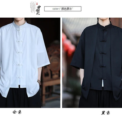 Camicia cinese da uomo in seta di ghiaccio stile cinese comoda camicia retrò traspirante da uomo casual estiva vestibilità ampia moda tinta unita