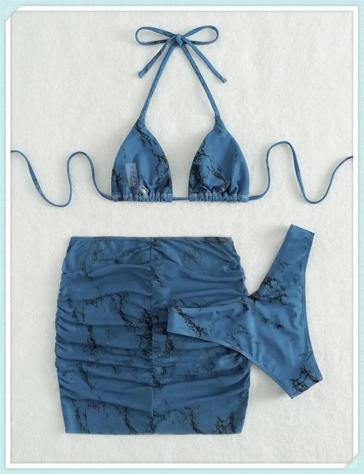 3 pezzi perizoma Bikini con gonna marmo texture costume da bagno donna costume da bagno Set costumi da bagno femminili abbigliamento da spiaggia nuoto estate platinumshop