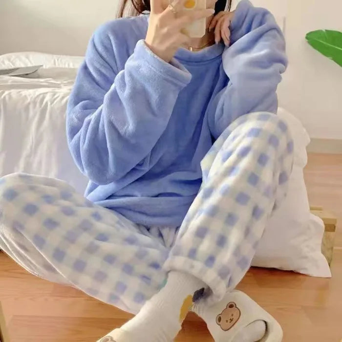 Cute Pajamas Set 2 Pieces Women Sleepwear Warm Winter Thick Coral Fleece Hooded Cartoon Girls Homewear Animal Pajamas Nighties