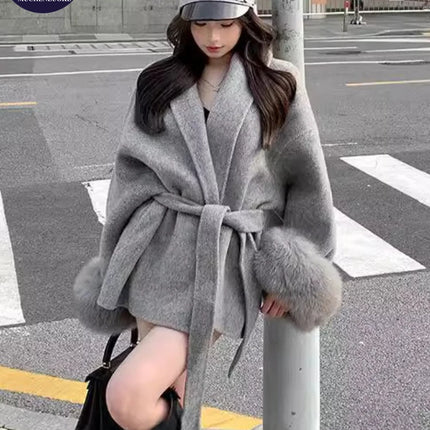 Coats for Women Autumn Winter New Elegant Long Sleeves V Neck Lace Up Woolen Coat Korean Fashion Casual Loose Street Trends Coat