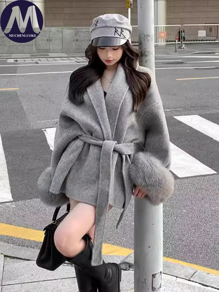 Coats for Women Autumn Winter New Elegant Long Sleeves V Neck Lace Up Woolen Coat Korean Fashion Casual Loose Street Trends Coat