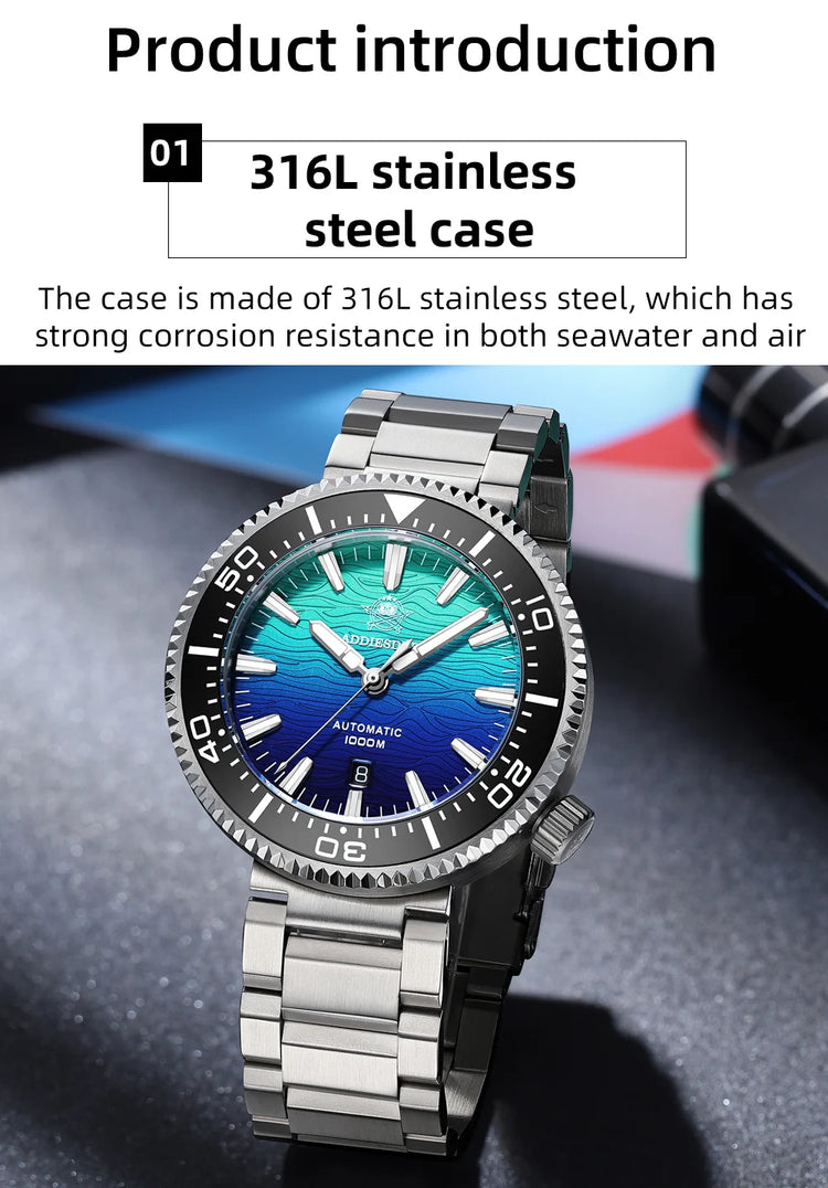 ADDIESDIVE 1000m Waterproof Diver Watches Sapphire Glass Automatic Mechanical Watches Super Luminous AD2526 Gradient Wristwatch
