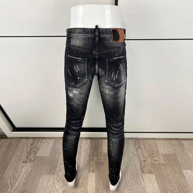 Street Designer Fashion Men Jeans High Quality Retro Black Gray Stretch Slim Fit Ripped Jeans Men Brand Vintage Y2K Denim Pants PlatiNum