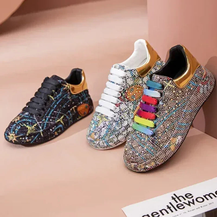 SyfIyno Spring Black Women Shoes New Style Fashion Platform Shoes Platforms Sneakers Shine Bling Graffiti Rhinestone Shoes