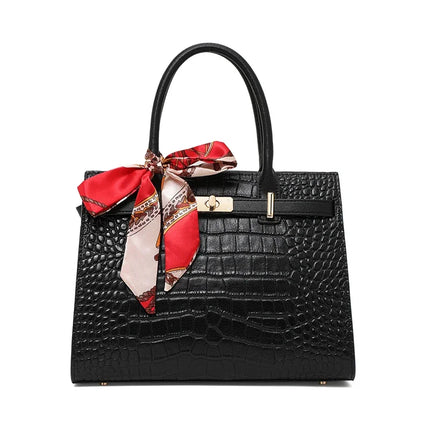 Borsa a Mano in Ecopelle Lucida Effetto Coccodrillo con Fiocco in Seta Stampata e Chiusura a Girello in Metallo, Borsa a Tracolla da Donna con Manico Superiore