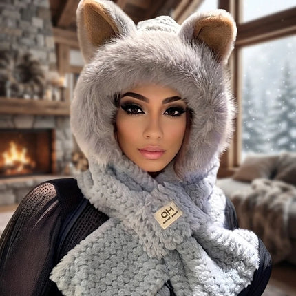 1Pc Women Cat Ear Pom‑Pom Beanie Hat, Soft Fleece‑Lined Winter Cute Animal‑Themed Festival Cap for Christmas Gifts