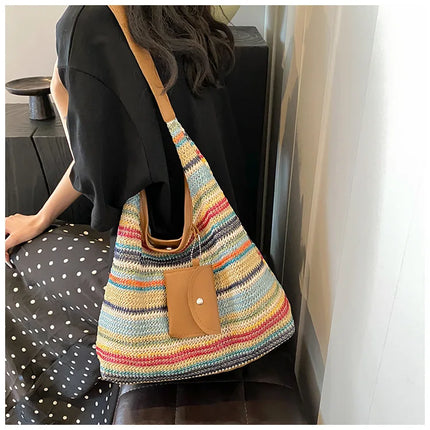 Hand-Woven Large Capacity Tote Bag for Women, Fashionable Commuter Bag, INS Style, Beach Bag for Daily Travel