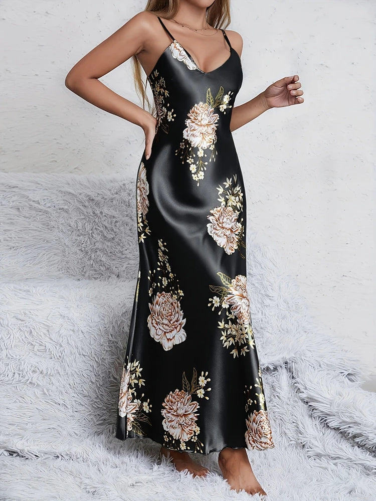 Elegante sexy scollo a V stampa floreale comfort setoso liscio donna slip camicie da notte abiti da notte per l'estate pigiama pigiameria pjs