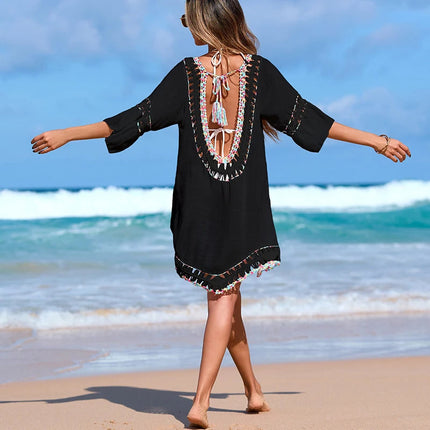Copricostume da spiaggia allacciato senza schienale alla moda, abito trasparente con scollo a V colorato con gancio a mano in pizzo per donna platinumshop