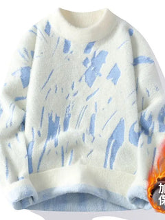Winter Men's Thickened Fleece Sweater Irregular Jacquard Pattern Casual Round Neck Pullover Tops Striped Soft Knitted Sweaters