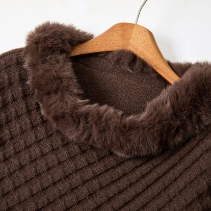 European and American Fall/Winter New Arrival Knitted Pattern Women's Wraparound Faux Fur Collar Pullover Loose Oversized Cape