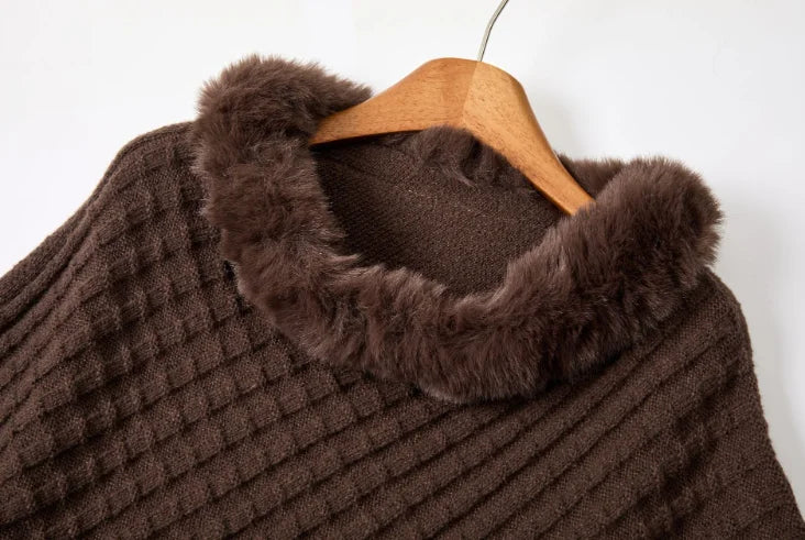 European and American Fall/Winter New Arrival Knitted Pattern Women's Wraparound Faux Fur Collar Pullover Loose Oversized Cape