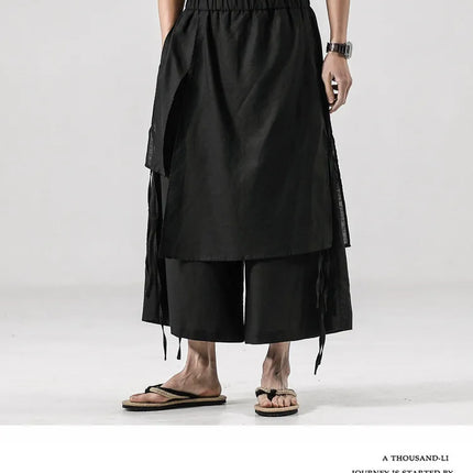 Pantaloni da uomo irregolari in cotone e lino, stile Harajuku, a gamba larga, tinta unita, casual, con elastico in vita, vestibilità ampia, stile punk