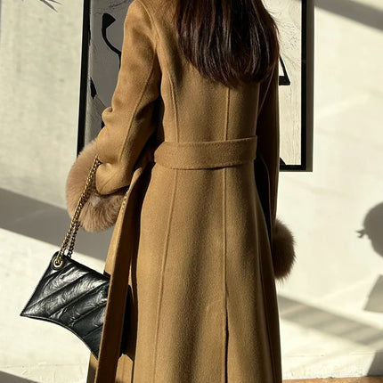 Autumn Winter Korean High-end Real Fox Fur Sleeves Women Black Slim Fit Waist Cinched Double-sided Wool Coat Long Woolen Coat