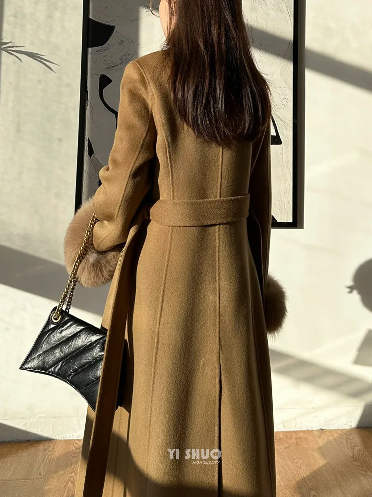 Autumn Winter Korean High-end Real Fox Fur Sleeves Women Black Slim Fit Waist Cinched Double-sided Wool Coat Long Woolen Coat
