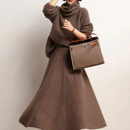 Women A-Line Pleated Skirt Cashmere High Waist Autumn Winter Large Umbrella Skirt 100% Cashmere Knitted Office Lady Casual Dress PlatiNum