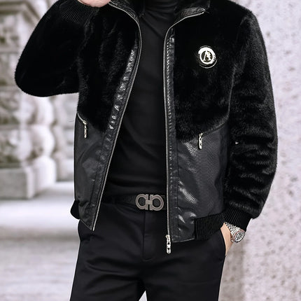 Winter Stand-Up Collar Men's Fashionable Casual Warm Faux Mink Fur Spliced Pu Leather Jacket