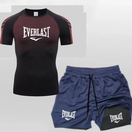 EVERLAST Men's Compress Shirt + 2-in-1 sports shorts 2pcs Set Leisure Breath Short Sleeve Sport Jogging Gym Brand Print Clothing platinumshop