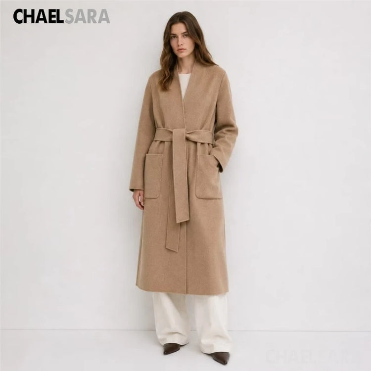 High Quality Women's Autumn Winter New Double-Sided 100% Wool Coat Fashion Belt Long Sleeves Pockets Elegance Overcoats Ladies